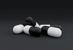 nero e bianca tavoletta pillole su nero sfondo. 3d resa. medico dannoso concetto. pericoloso droghe. foto