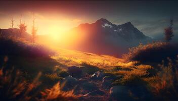 aereo Visualizza di un' montagna strada serpeggiante attraverso un' foresta di pino alberi, con d'oro luce del sole getto suo sillabare su il rotolamento colline e verde prati. ai generato foto