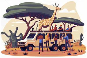 persone nel safari tour, savana selvaggio paesaggio vettore illustrazione. cartone animato gruppo di turista personaggi foto