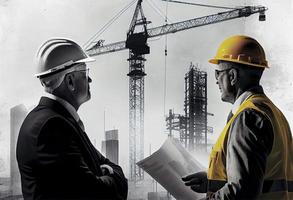 discussione di opera di un' civile ingegnere con un architetto a un' costruzione luogo contro il fondale di un' Torre gru e un' alto salire edificio sotto costruzione foto