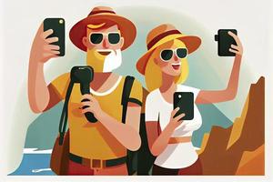 un' turista coppia assunzione autoscatto fotografie insieme su Telefono. uomo e donna andando giro turistico su estate vacanza