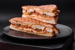 delizioso croccante Sandwich con pollo Seno, pomodori, ketchup e spezie foto