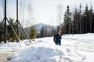 ragazzo giocare con neve vicino grande di legno swing nel foresta di montagne. foto