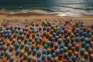 aereo Visualizza a affollato spiaggia, creato con generativo ai foto