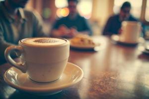 caffè tazza su il tavolo con sfocato caffè negozio nel sfondo, creato con generativo ai foto