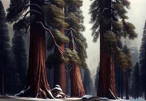 denso foresta nel California, molti sequoie - ai generato Immagine foto