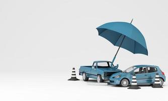 auto protezione e sicurezza garanzia concetto, auto assicurazione ragnatela bandiera design. piccolo blu automobile auto sotto il blu ombrello isolato su bianca sfondo. cartone animato stile. 3d interpretazione foto