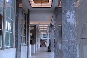 corridoio nel centro commerciale terrazza con lusso soffitto e marmo pilastri foto