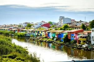 bandar anzali, iran, 2022 - bellissimo colorato iraniano case lungo zone umide fiume nel bandar anzali, caspian mare costa turista attrazione. nord iran, gilan Provincia foto