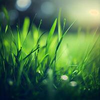 bellissimo struttura di verde prato erba con rugiada gocce vicino su, astratto sfocatura naturale bokeh sfondo - ai generato Immagine foto