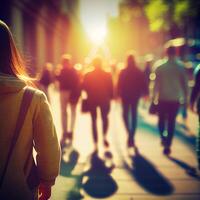 folla di persone a piedi a partire dal opera, tramonto sfocato bokeh sfondo - ai generato Immagine foto