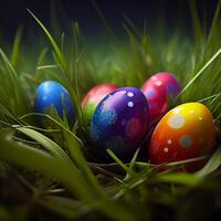 colorato Pasqua uova dire bugie nel denso verde erba - ai generato Immagine foto