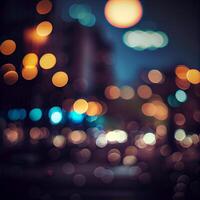 città notte paesaggio bokeh, sfocato illustrazione, urbano paesaggio a crepuscolo tempo - ai generato Immagine foto