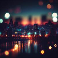 città notte paesaggio bokeh, sfocato illustrazione, urbano paesaggio a crepuscolo tempo - ai generato Immagine foto