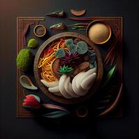 bellissimo varia asiatico cibo su un' buio sfondo - ai generato Immagine foto