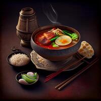 bellissimo varia asiatico cibo su un' buio sfondo - ai generato Immagine foto