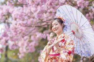 giapponese donna nel tradizionale chimono vestito Tenere ombrello e dolce hanami dango dolce mentre a piedi nel il parco a ciliegia fiorire albero durante il primavera sakura Festival con copia spazio foto
