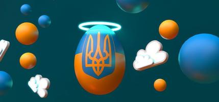 contento Pasqua, sfondo Pasqua Ucraina. sfondo con angelo uovo volo nel spazio e colori bandiera Ucraina. 3d opera e 3d Immagine. copia spazio foto