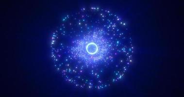 astratto il giro blu sfera raggiante energia Magia molecola con atomi a partire dal particelle e puntini cosmico. astratto sfondo foto