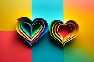 Due arcobaleno colorato carta tagliare su nel il amore cuore forma. carta arte arcobaleno cuore sfondo con 3d effetto, cuore forma nel vivace colori, vettore illustrazione. foto