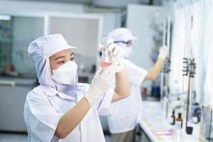 asiatico femmina specialista nel qualità controllo laboratorio l'esame pomodoro ingrediente cibo nel ricerca laboratorio, cibo industria foto