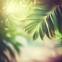 sfocatura bellissimo natura verde palma foglia su tropicale spiaggia con bokeh sole leggero bagliore onda astratto sfondo. estate vacanza e attività commerciale viaggio concetto spazio - ai generato Immagine foto