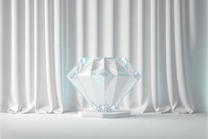 foto podio bicchiere diamante con lucido tenda lusso bianca sfondo, 3d Prodotto Schermo