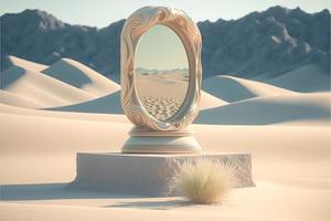 3d podio Schermo Prodotto pietra piedistallo con un' specchio posto nel il deserto foto