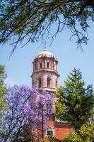 jacaranda albero viola fiori sfondo di tempio di san Francisco de come è nel queretaro Messico foto