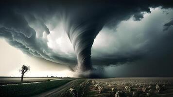 furioso tornado tempesta nuvole al di sopra di il città illustrazione design. generativo ai. foto