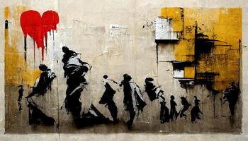 generativo ai, inchiostro nero strada graffiti arte su un' strutturato carta Vintage ▾ sfondo, ispirato di Banksy. foto