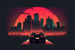 generativo ai, retrò auto nel retrò stile, nostalgico anni 80, anni 90. notte città paesaggio, tramonto colori, scifi, retrowave Vintage ▾ illustrazione. sole, edifici e uccelli. trasporto, automobile concetto. foto