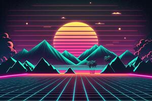 generativo ai, retrò stile, nostalgico anni 80, anni 90. notte paesaggio, tramonto colori, scifi, retrowave Vintage ▾ illustrazione. sole, montagne, strada e alberi. digitale retrò informatica superficie. foto