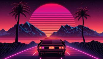 generativo ai, retrò stile, nostalgico anni 80, anni 90. notte paesaggio, tramonto colori, scifi, retrowave Vintage ▾ illustrazione. sole, montagne, strada e alberi. digitale retrò informatica superficie. foto