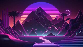 generativo ai, retrò stile, nostalgico anni 80, anni 90. notte paesaggio, tramonto colori, scifi, retrowave Vintage ▾ illustrazione. sole, montagne, strada e alberi. digitale retrò informatica superficie. foto