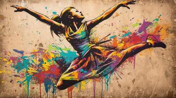 generativo ai, danza donna o ragazza, dinamico movimento. inchiostro dipingere colorato spruzzi strada graffiti arte su un' strutturato carta Vintage ▾ sfondo, ispirato di Banksy. foto
