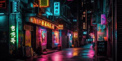 generativo ai, notte scena di dopo pioggia città nel cyberpunk stile, futuristico nostalgico anni 80, anni 90. neon luci vivace colori, fotorealistico orizzontale illustrazione. foto