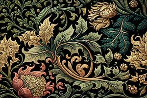 generativo ai, floreale colorato modello. William morris ispirato naturale impianti e fiori sfondo, Vintage ▾ illustrazione. fogliame ornamento. foto