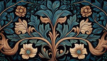 generativo ai, floreale colorato modello. William morris ispirato naturale impianti e fiori sfondo, Vintage ▾ illustrazione. fogliame ornamento. foto