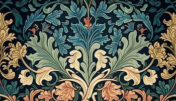 generativo ai, floreale colorato modello. William morris ispirato naturale impianti e fiori sfondo, Vintage ▾ illustrazione. fogliame ornamento. foto