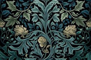 generativo ai, floreale colorato modello. William morris ispirato naturale impianti e fiori sfondo, Vintage ▾ illustrazione. fogliame ornamento. foto