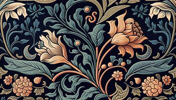 generativo ai, floreale colorato modello. William morris ispirato naturale impianti e fiori sfondo, Vintage ▾ illustrazione. fogliame ornamento. foto