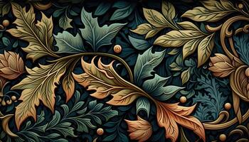 generativo ai, floreale colorato modello. William morris ispirato naturale impianti e fiori sfondo, Vintage ▾ illustrazione. fogliame ornamento. foto