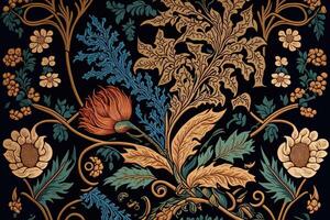 generativo ai, floreale colorato modello. William morris ispirato naturale impianti e fiori sfondo, Vintage ▾ illustrazione. fogliame ornamento. foto