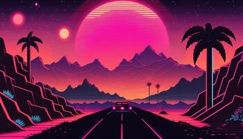 generativo ai, retrò stile, nostalgico anni 80, anni 90. notte paesaggio, tramonto colori, scifi, retrowave Vintage ▾ illustrazione. sole, montagne, strada e alberi. digitale retrò informatica superficie. foto