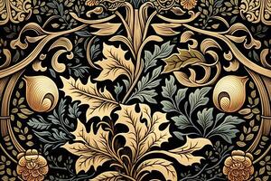 generativo ai, floreale colorato modello. William morris ispirato naturale impianti e fiori sfondo, Vintage ▾ illustrazione. fogliame ornamento. foto