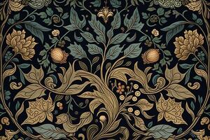 generativo ai, floreale colorato modello. William morris ispirato naturale impianti e fiori sfondo, Vintage ▾ illustrazione. fogliame ornamento. foto