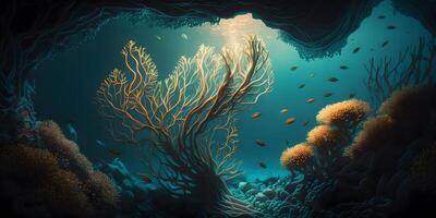 bellissimo subacqueo paesaggio con corallo barriere e colorato pesce, ai generato foto