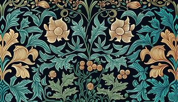 generativo ai, floreale colorato modello. William morris ispirato naturale impianti e fiori sfondo, Vintage ▾ illustrazione. fogliame ornamento. foto