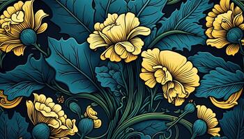 generativo ai, floreale giallo, blu, verde colori modello. William morris ispirato naturale impianti e fiori sfondo, Vintage ▾ illustrazione. fogliame ornamento. foto